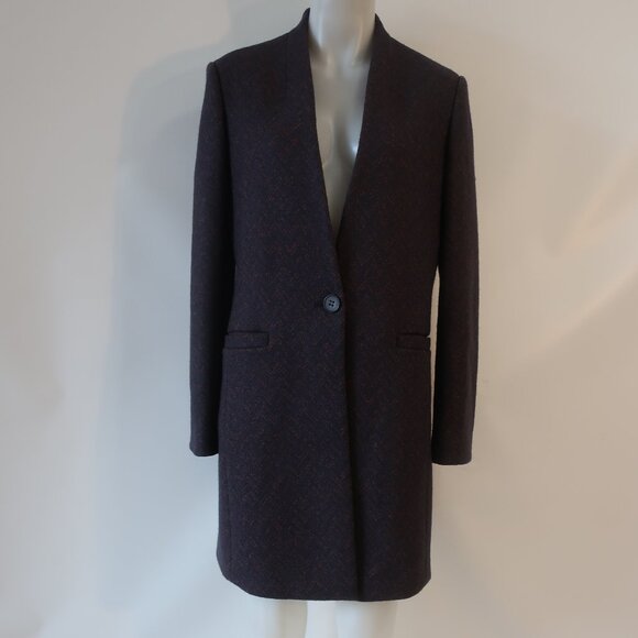 Womens Theory Blue Rust One Button Wool Blend Autumn Chevron Coat L - Picture 1 of 16